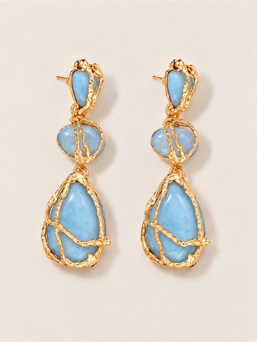 New! Blue Stone Gold Wrapped Teardrop Statement Drop Earrings NWOT